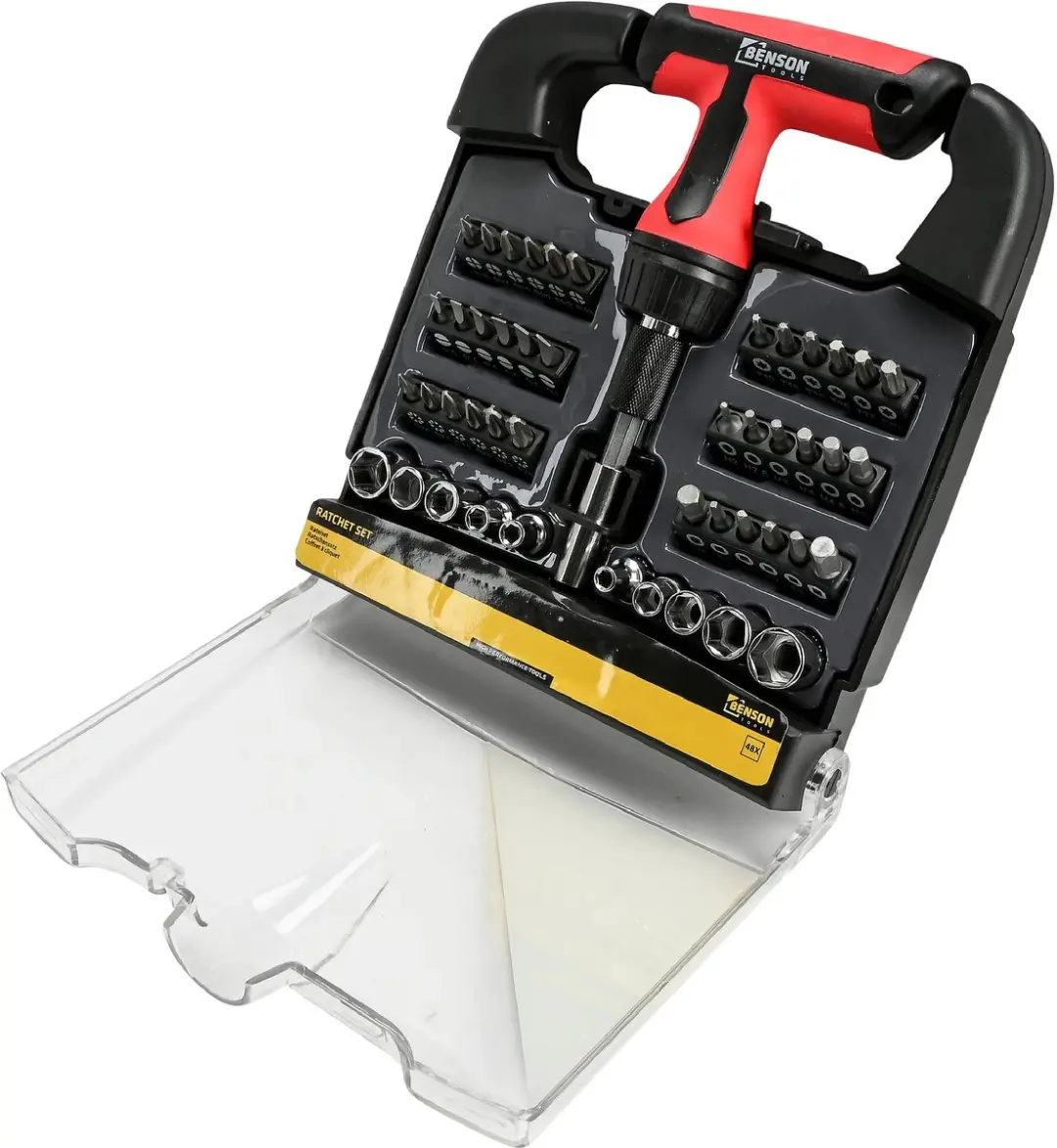 Benson Ratelset 48-delig rood-zwart met bits, doppen en handgreep