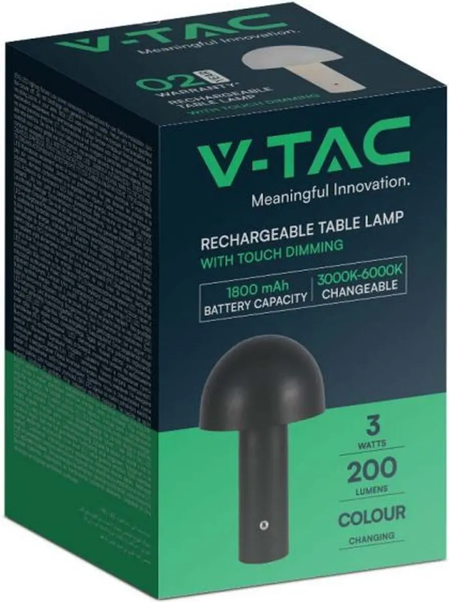 V-TAC VT-1047-B Oplaadbare Tafellamp - 3W - 200lm - Zwart - afbeelding 4 van 6
