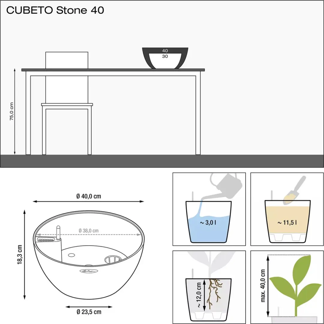 Lechuza Cubeto Stone 40 Plantenbak - 11,5l - Grafietzwart - afbeelding 5 van 6