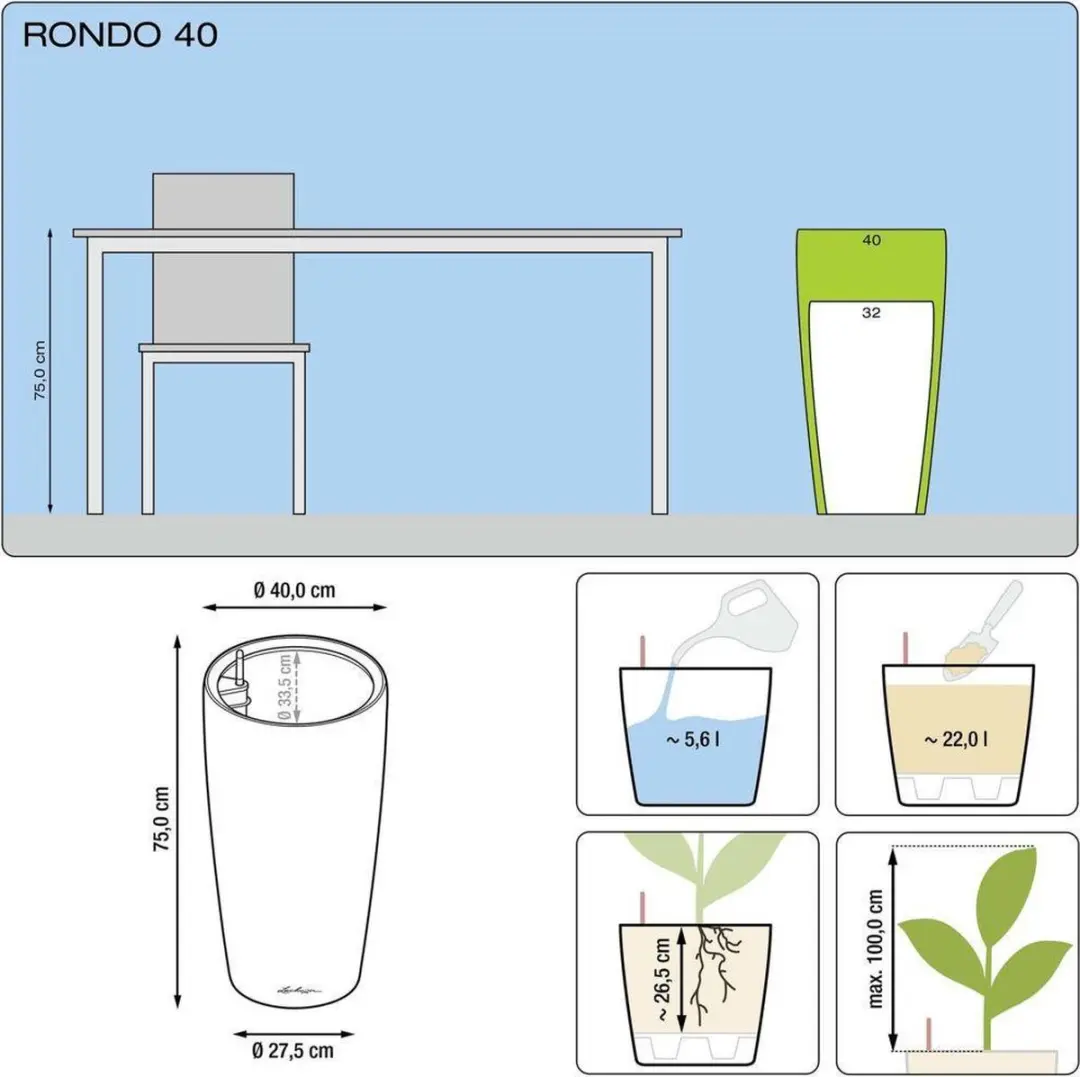 Lechuza Rondo Premium 40 Plantenbak - 22l - Antraciet Metallic - afbeelding 5 van 6