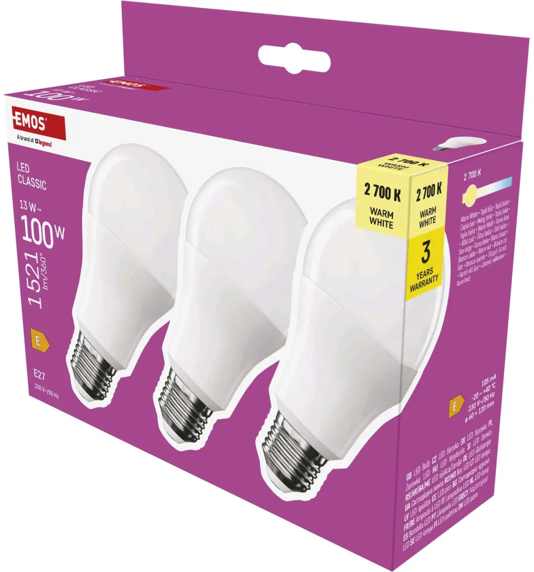 EMOS LED-lamp Classic A60 / E27 / 13 W (100 W) / 1521 lm / warm wit / 3 stuks, Z