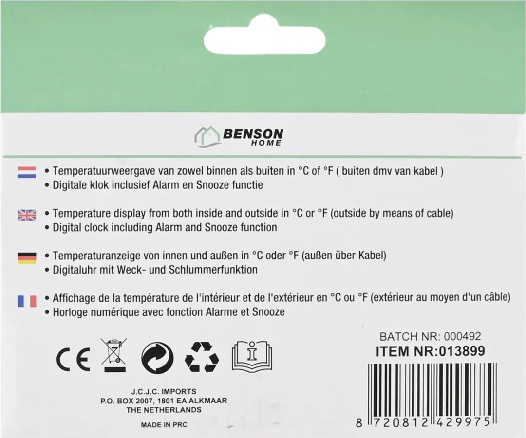 Benson Weerstation Binnen/Buiten - Thermometer, Alarmklok - afbeelding 6 van 6