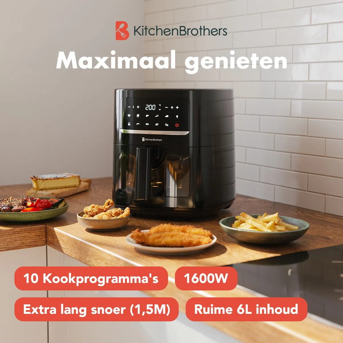 KitchenBrothers Airfryer XL PFAS-Vrij 1600W 6L - Zwart