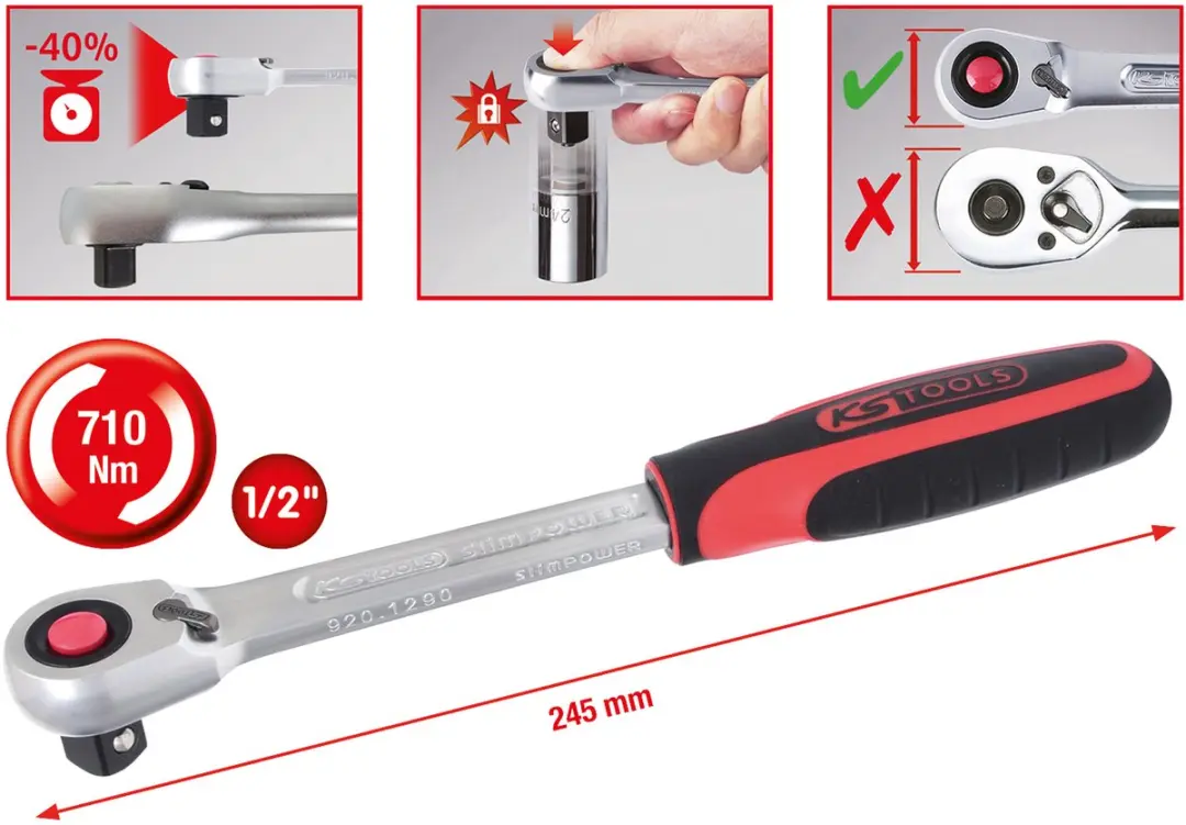KS Tools SlimPOWER Ratelsleutel 1/2" 72 Tanden - afbeelding 4 van 6