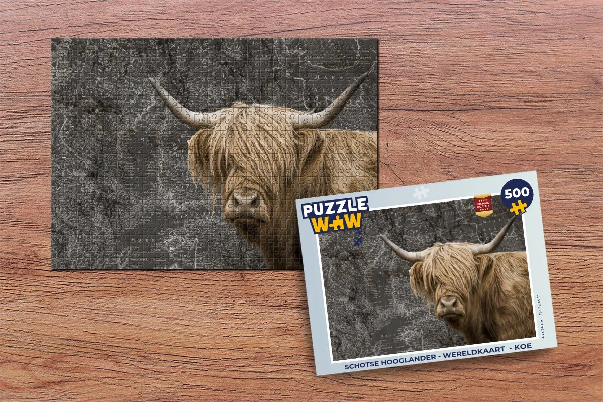 PuzzleWow Schotse Hooglander Wereldkaart Legpuzzel 500 Stuks - Multicolor