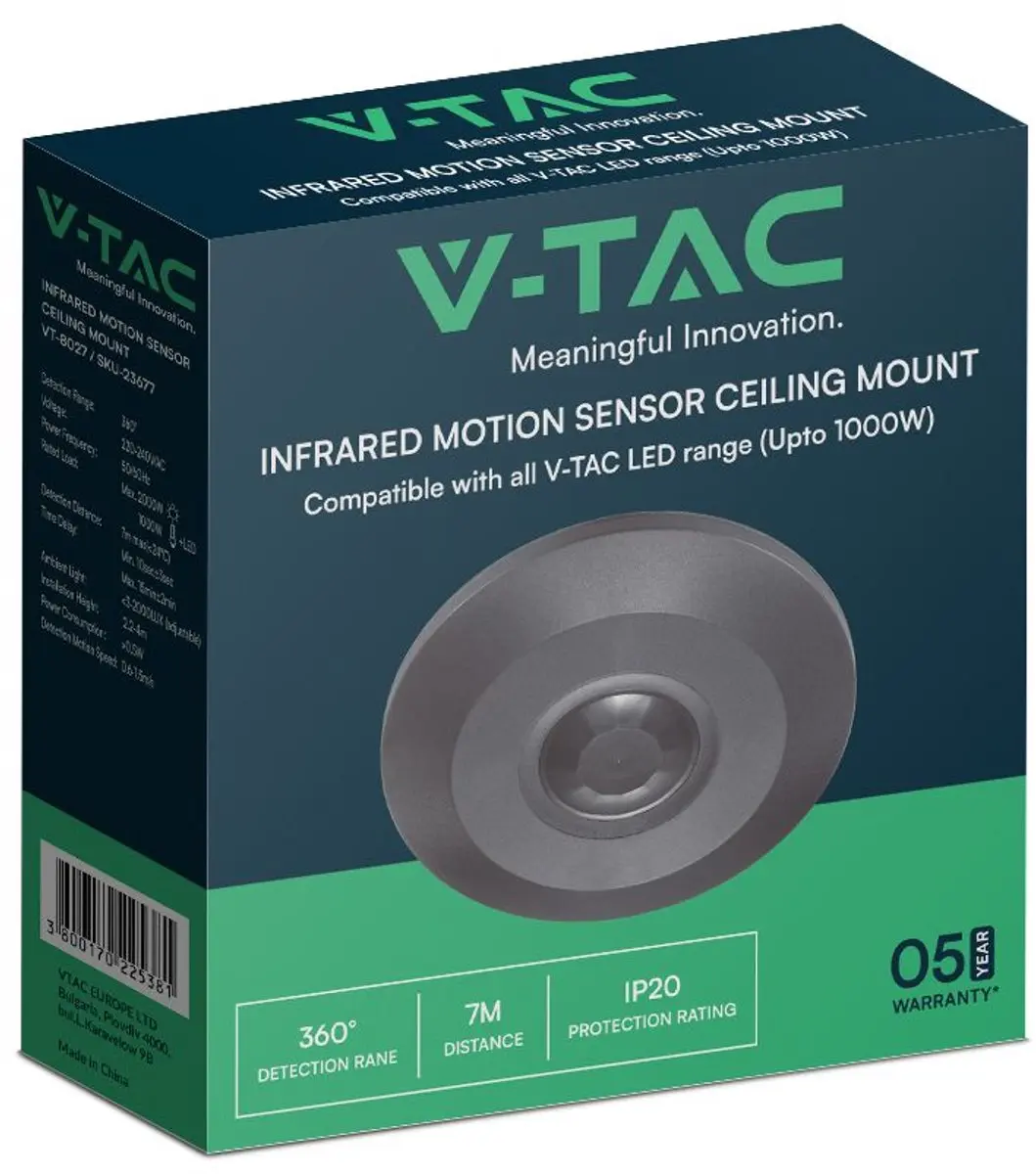 V-TAC VT-8027-FB PIR-plafondbewegingssensor - 1000W LED - Zwart - afbeelding 4 van 6
