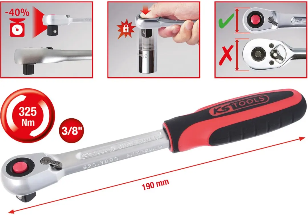 KS Tools SlimPOWER 920.3890 Omkeerbare ratelsleutel 3/8" - afbeelding 5 van 6