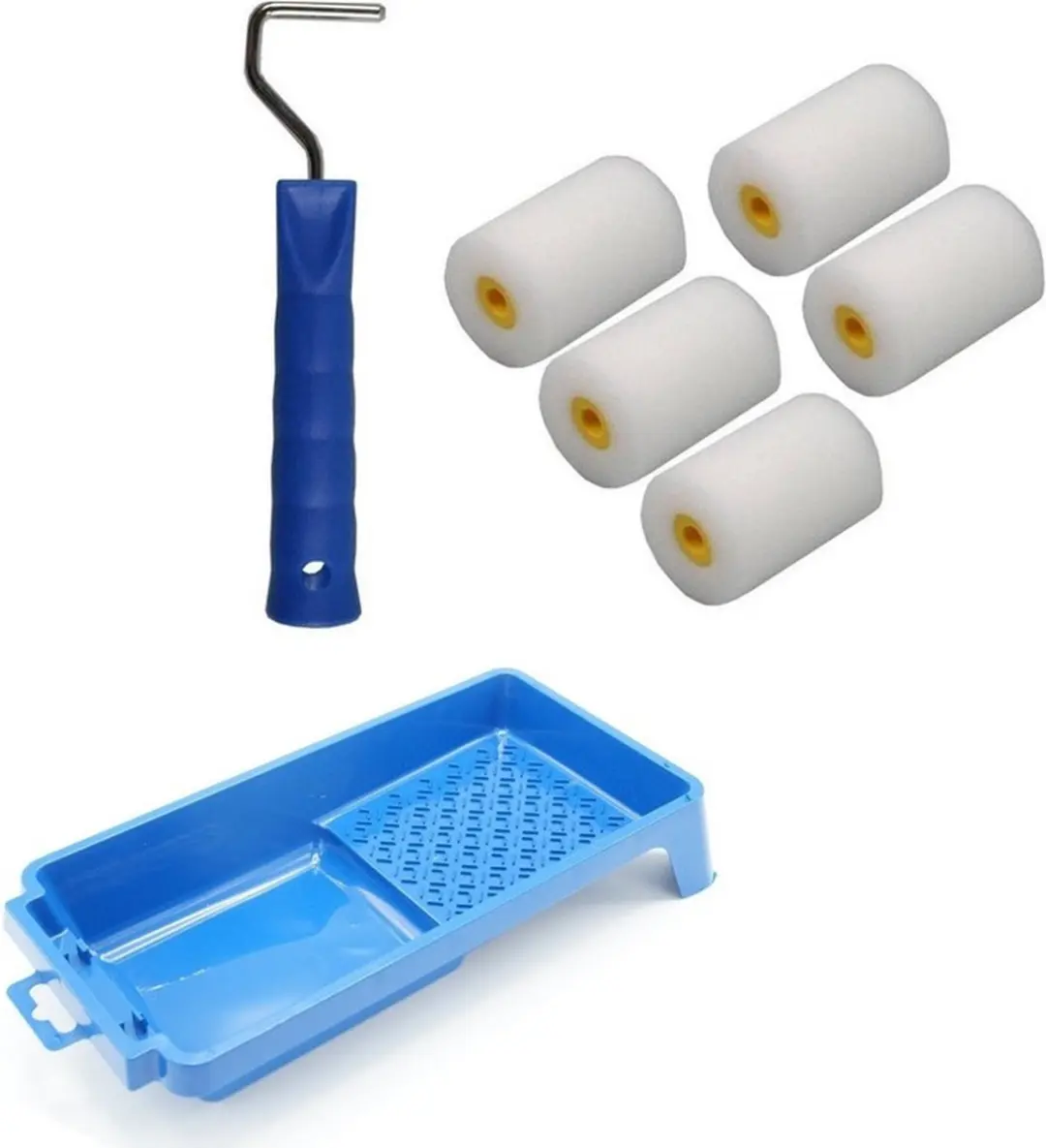 5x verfrollers / schuimrollers fijn incl rollerbeugel en verfbakje