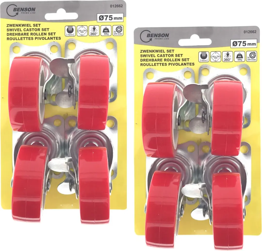 Set van 8x zwenkwieltjes met rem rood