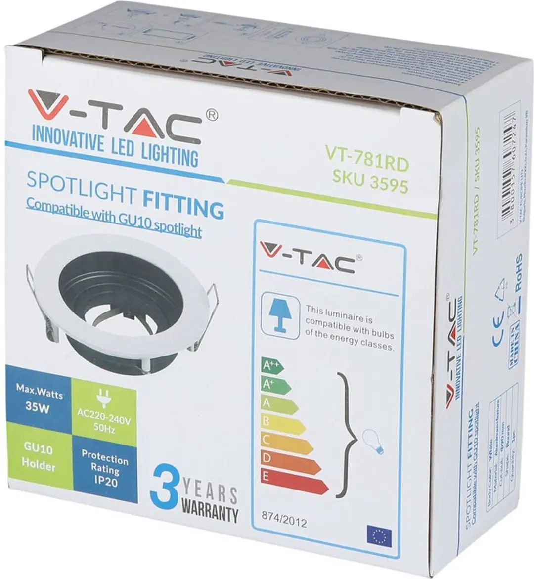 V-TAC VT-781RD-WH LED Inbouwspot - GU10 - IP20 - Wit - afbeelding 6 van 6