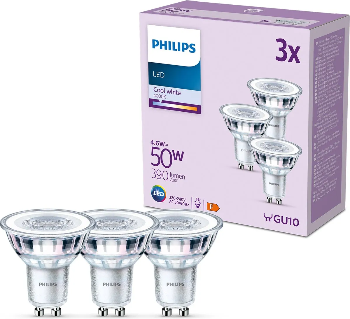 Philips LED Spot GU10 4.6W Koelwit - 3 Stuks