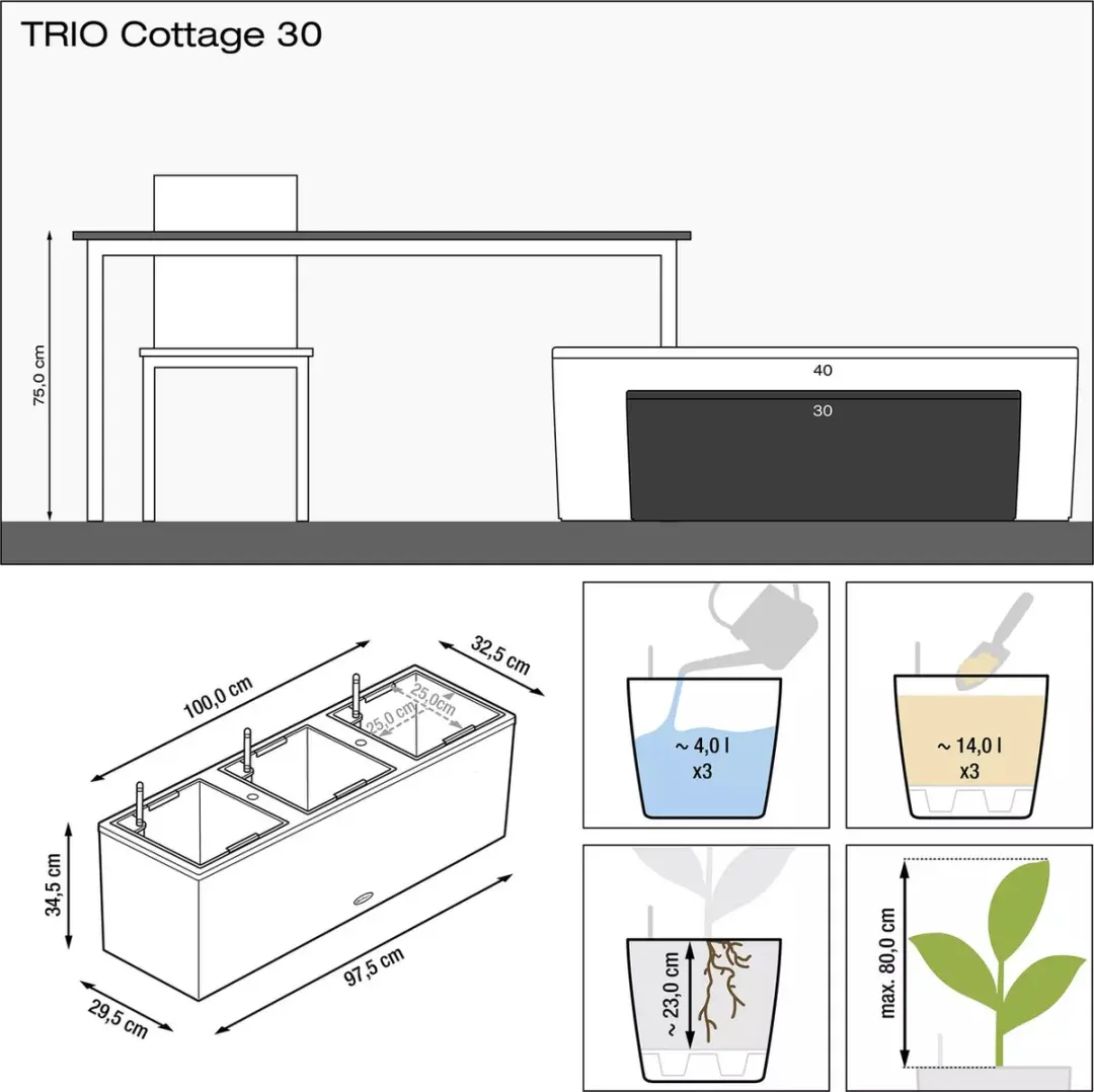Lechuza TRIO Cottage 30 Plantenbak - 42 l - Grafietzwart - afbeelding 2 van 6