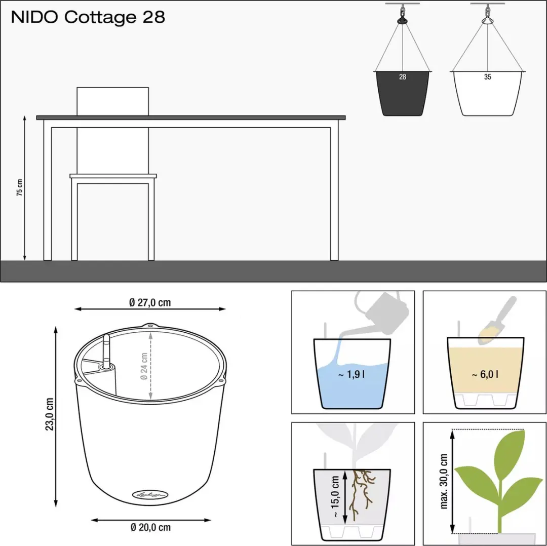 Lechuza NIDO Cottage 28 Plantenbak - 6 l - Lichtgrijs - afbeelding 3 van 6