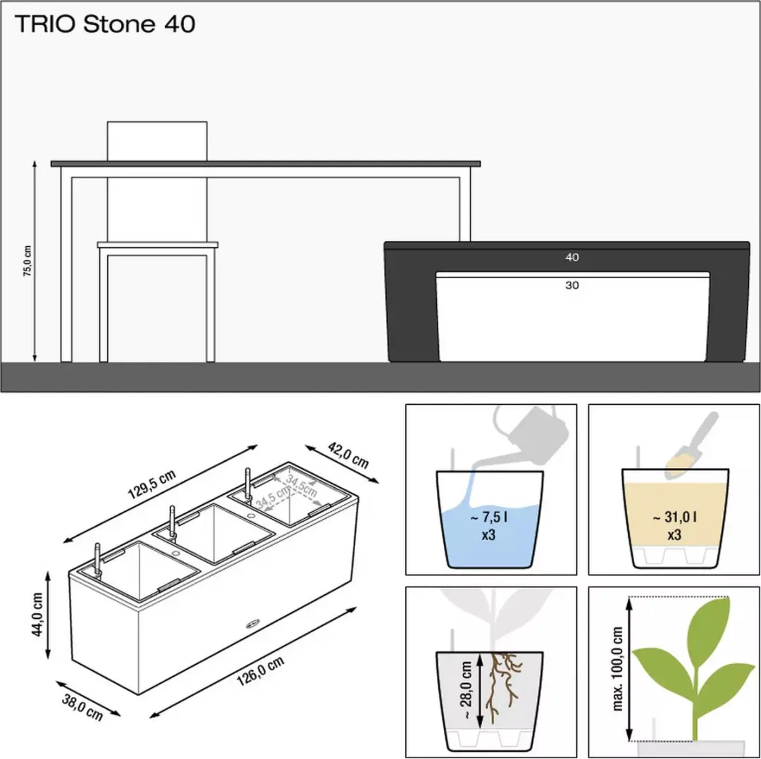 Lechuza TRIO Stone 40 Plantenbak - 31l - Steengrijs - afbeelding 2 van 6