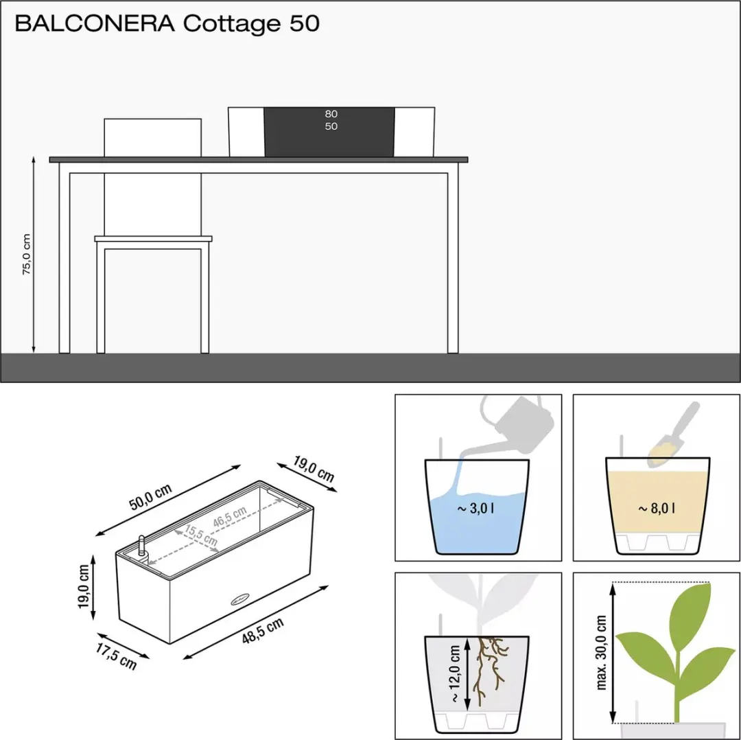 Lechuza Balconera Cottage 50 Plantenbak - 8l - Graniet - afbeelding 6 van 6