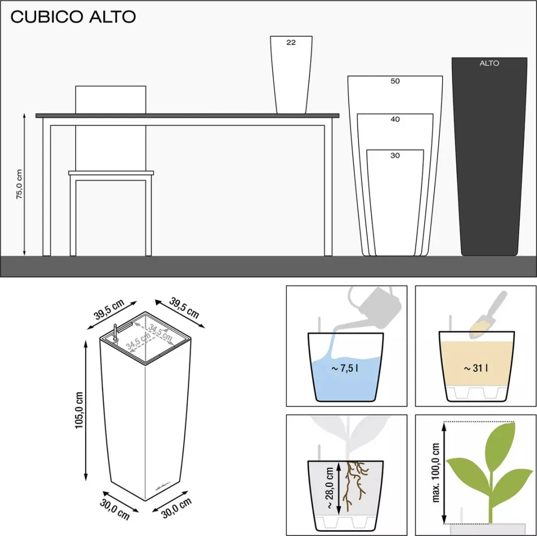 Lechuza Cubico Alto Premium 40 Plantenbak - Wit Hoogglans - afbeelding 2 van 6
