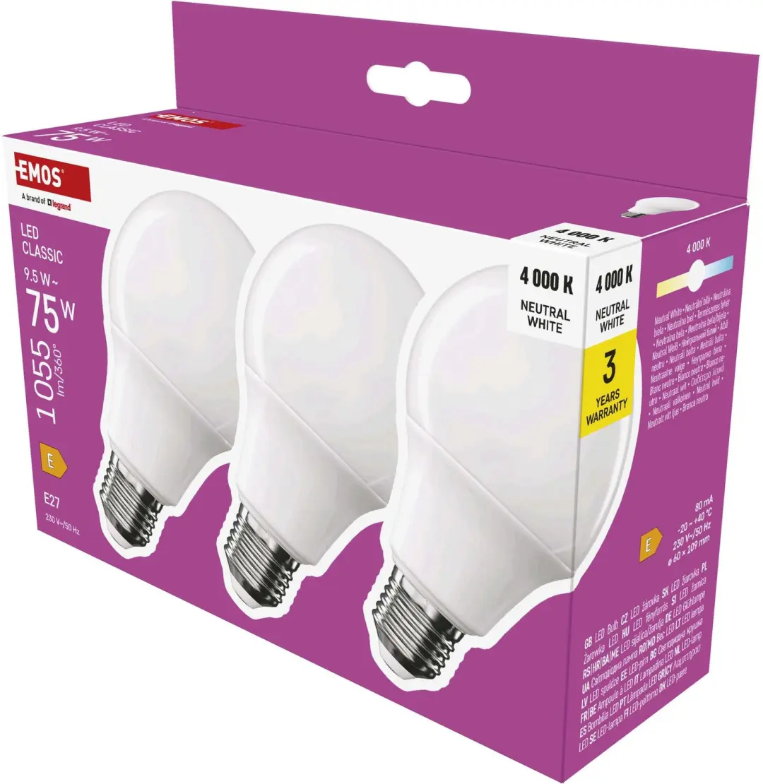EMOS LED-lamp Classic A60 / E27 / 9,5 W (75 W) / 1055 lm / neutraal wit / 3 stuk