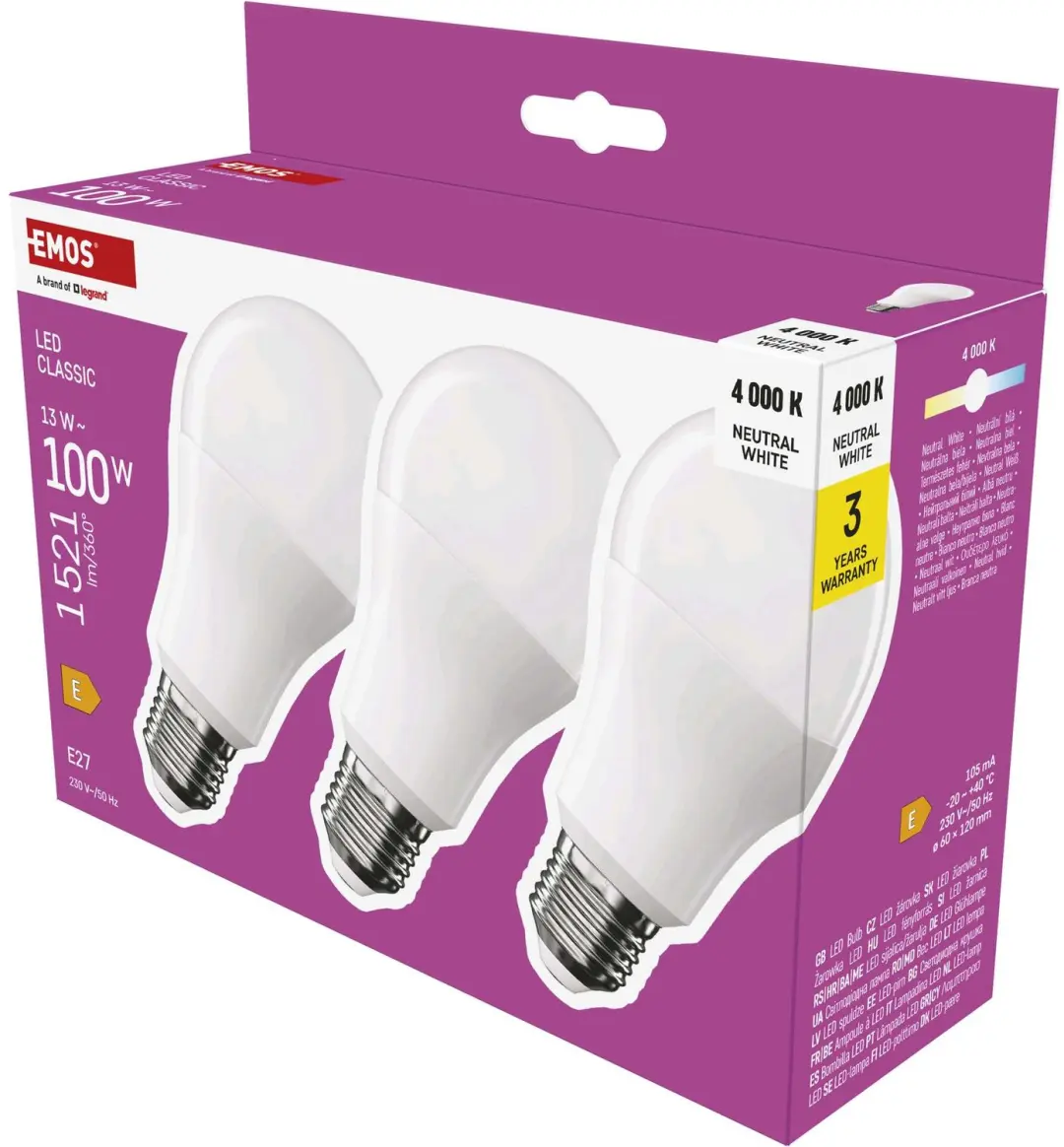 EMOS LED-lamp Classic A60 / E27 / 13 W (100 W) / 1521 lm / neutraal wit / 3 stuk