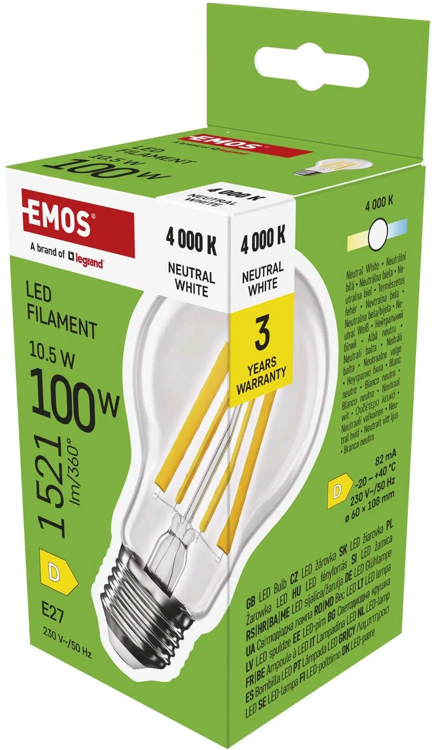 EMOS LED-lamp Filament A60 / E27 / 10,5 W (100 W) / 1521 lm / neutraal wit, ZF5D