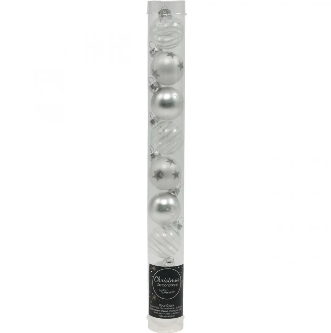 Decoris Glazen Kerstballen 3cm - 9 stuks - Winter Wit Zilver - afbeelding 6 van 6