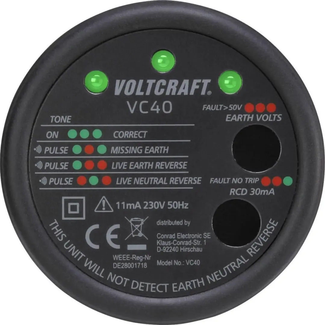 Voltcraft VC40 Stopcontacttester CAT II 300 V - afbeelding 2 van 6