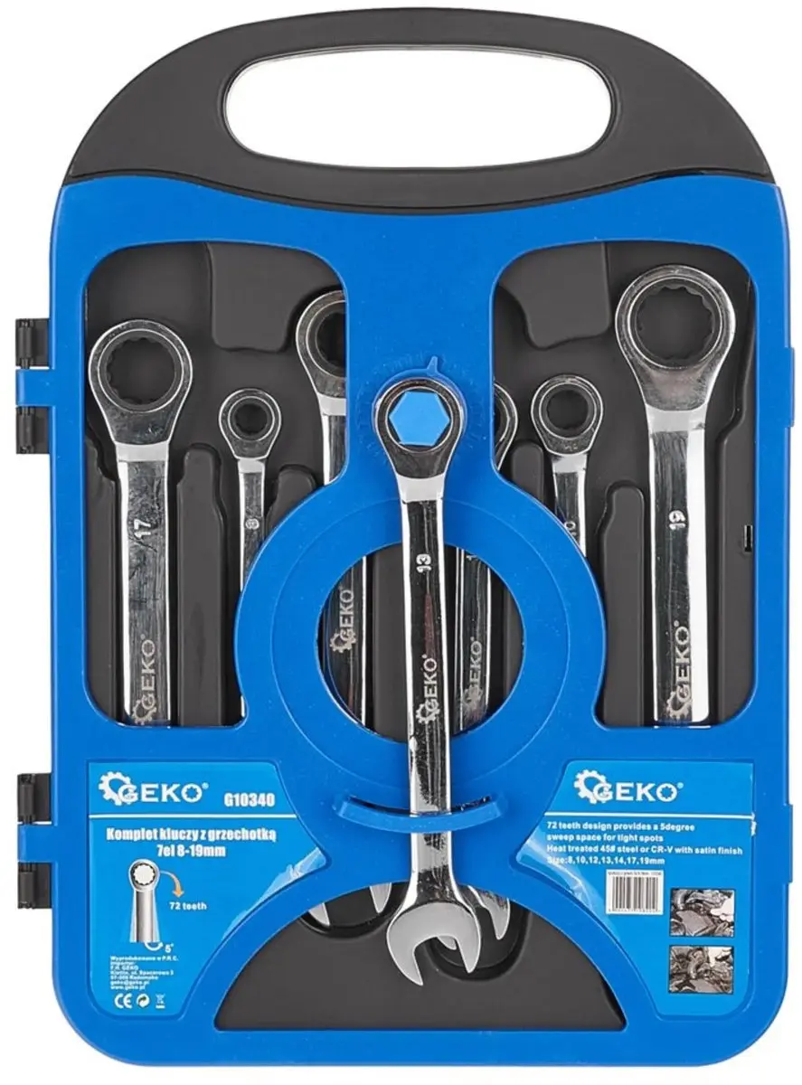 GEKO Ratelsleutelset 8-19 mm - 7-delig - 72-tands - afbeelding 5 van 6