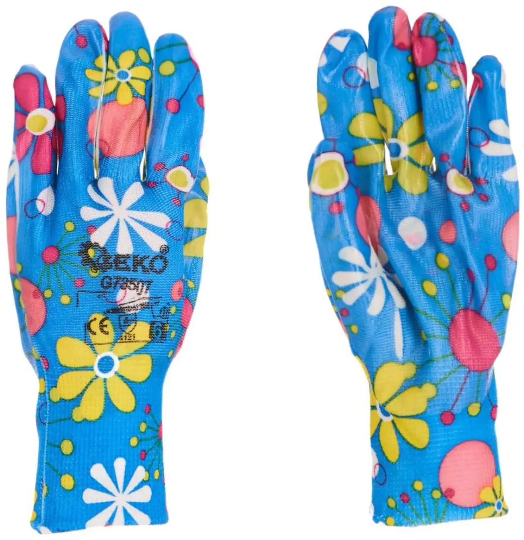 GEKO Dames werkhandschoenen - nitril coating - maat 6 - blauw met bloemen - 12 stuks