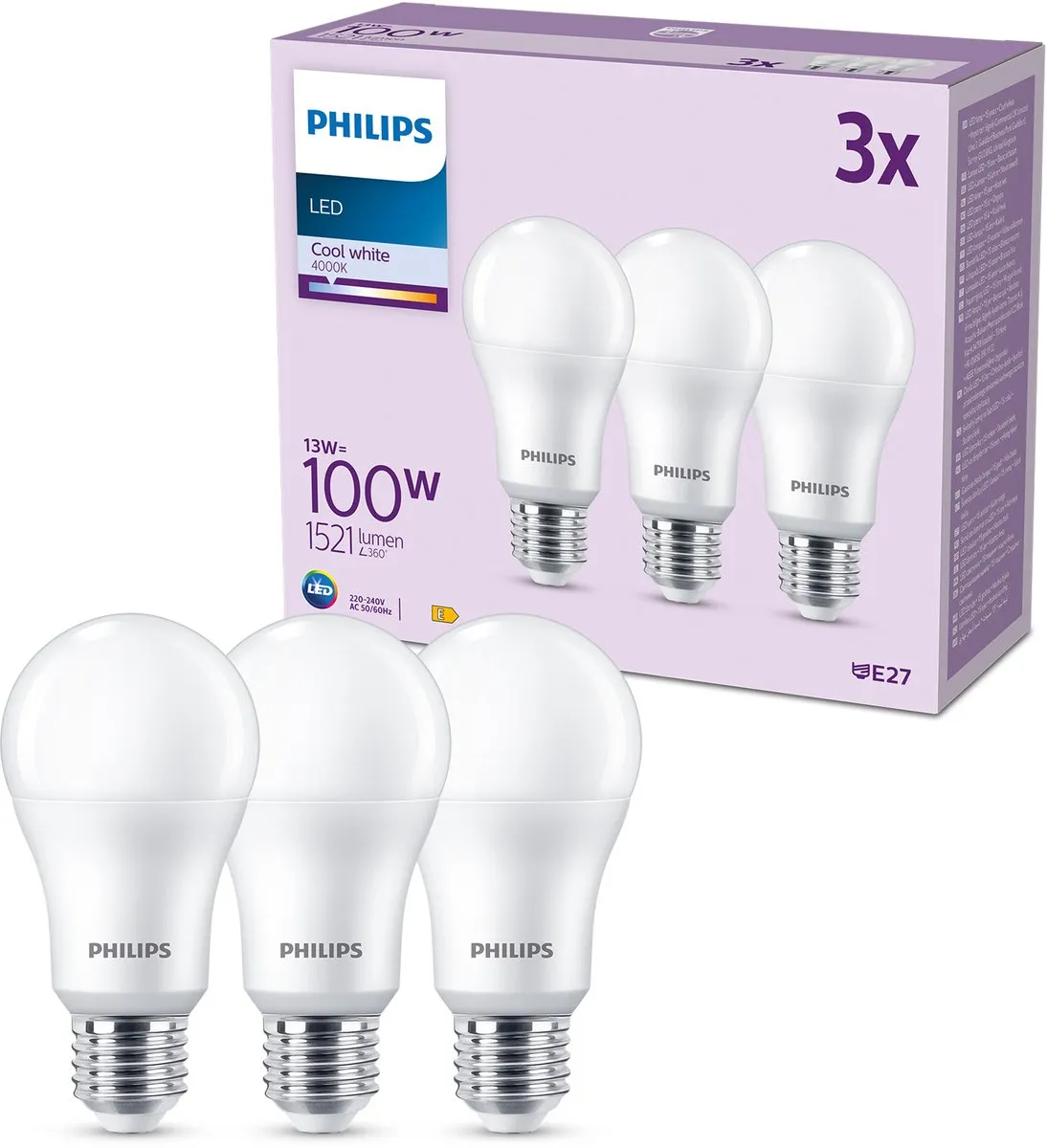 Philips LED Lamp Mat 13W E27 Koelwit - 3 Stuks