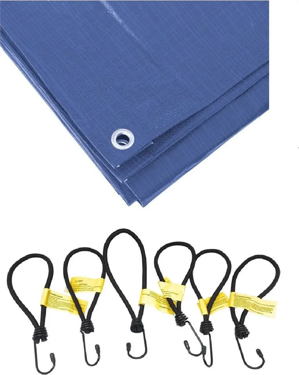 Blauw afdekzeil / dekzeilen van 5 x 8 meter met 30x spanners/elastieken haakjes