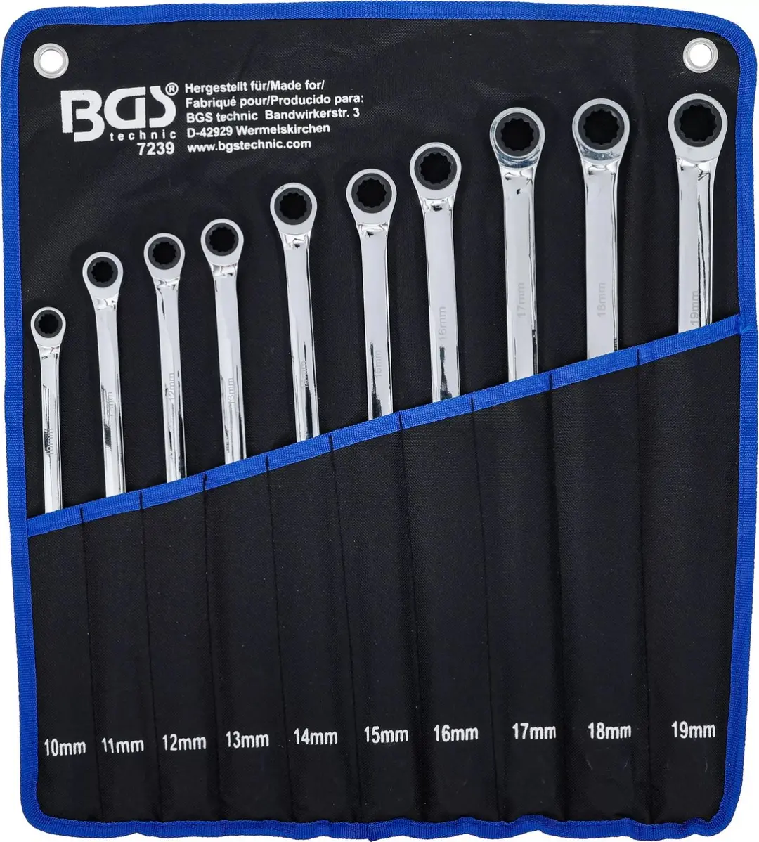BGS technic ratelring- en ringsleutelset 10-19mm extra lang - 10 delig - afbeelding 2 van 6