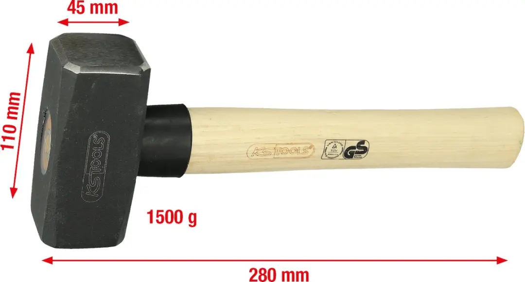 KS Tools Dubbele Hamer 1500g - Gesmede Kop - Houten Handvat - afbeelding 3 van 4