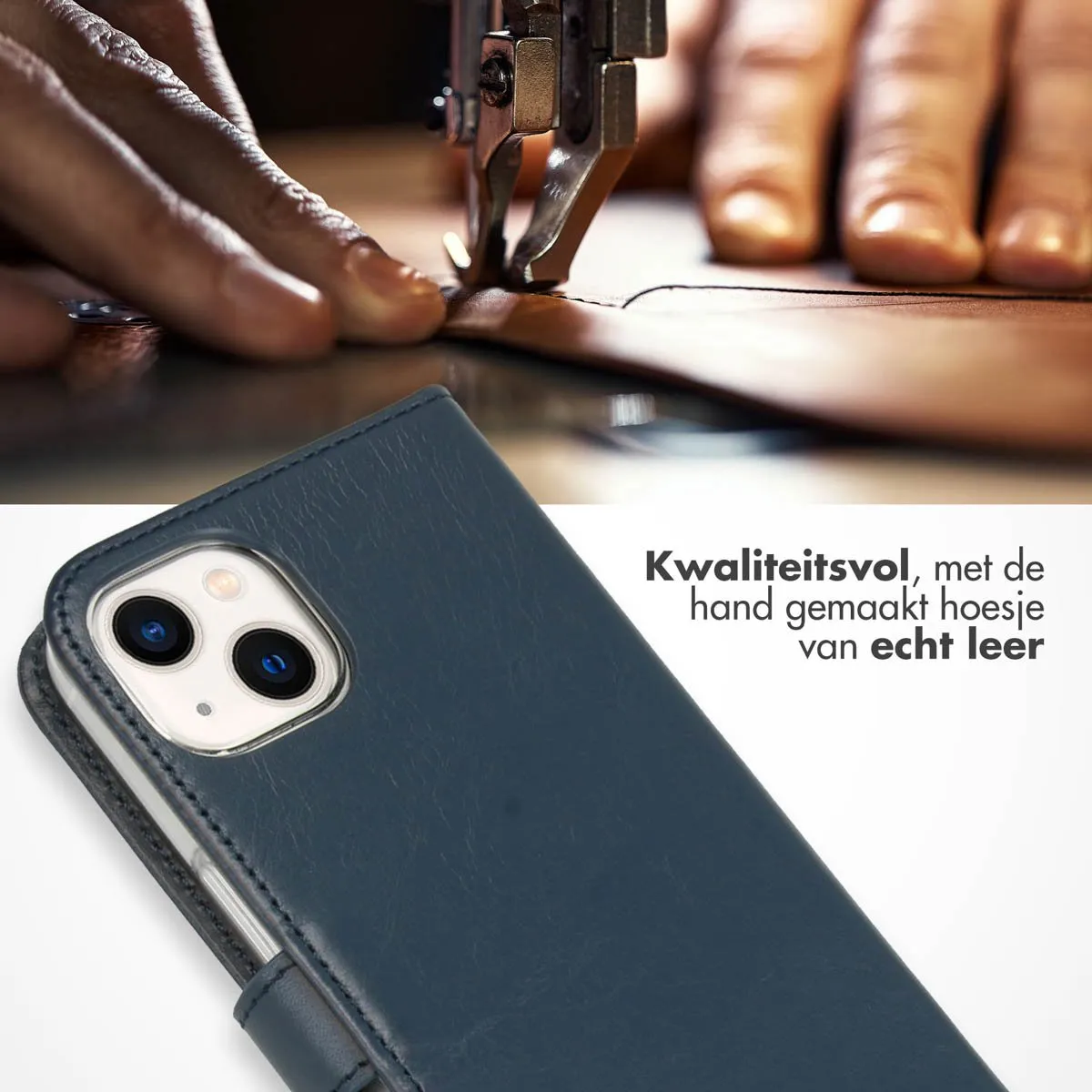 Selencia Hoesje iPhone 13 Bookcase - Echt Leder Blauw - 3 Pasjes
