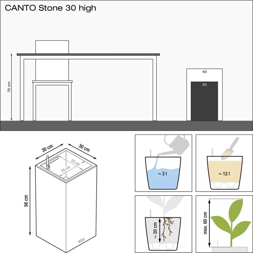Lechuza Canto Stone 30 High Plantenbak - 12l - Steengrijs - afbeelding 4 van 6