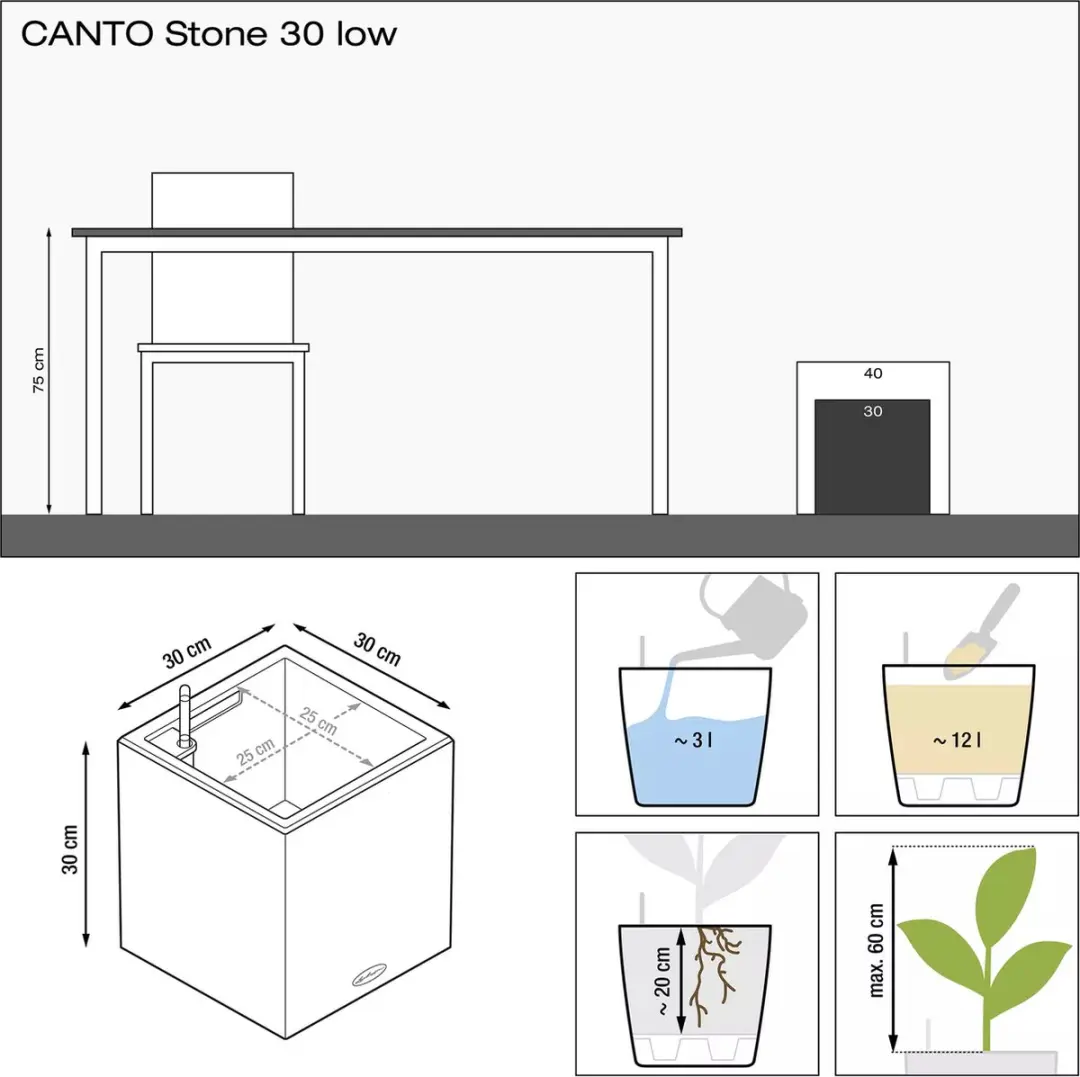 LECHUZA CANTO Stone 40 low - Plantenbak - met uitneembare binnenbak - met bewateringssysteem - ALL-IN-ONE set met LECHUZA-PON - zandbeige - afbeelding 3 van 6
