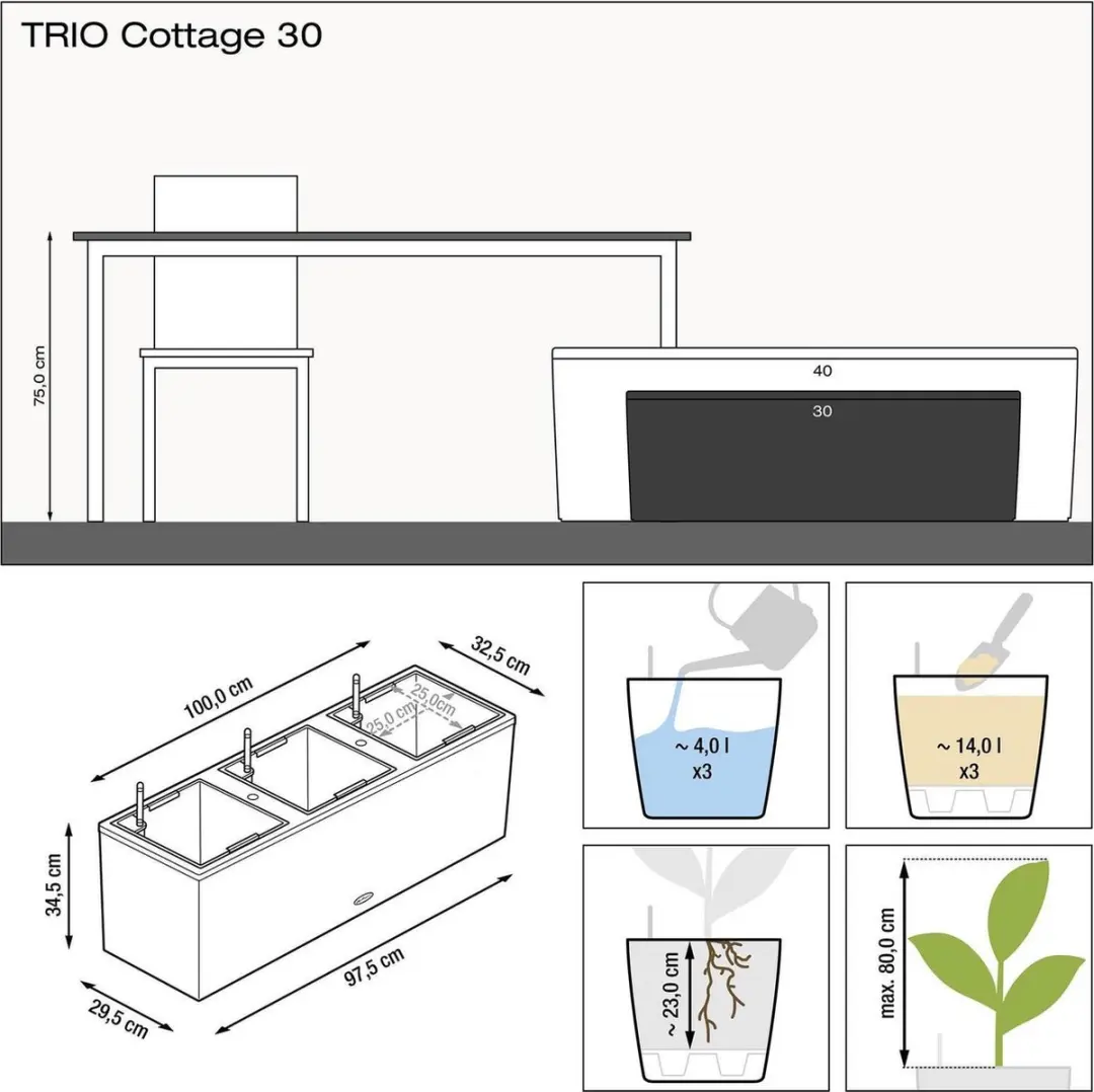 Lechuza Trio Cottage 30 Plantenbak - 42l - Graniet - afbeelding 3 van 6