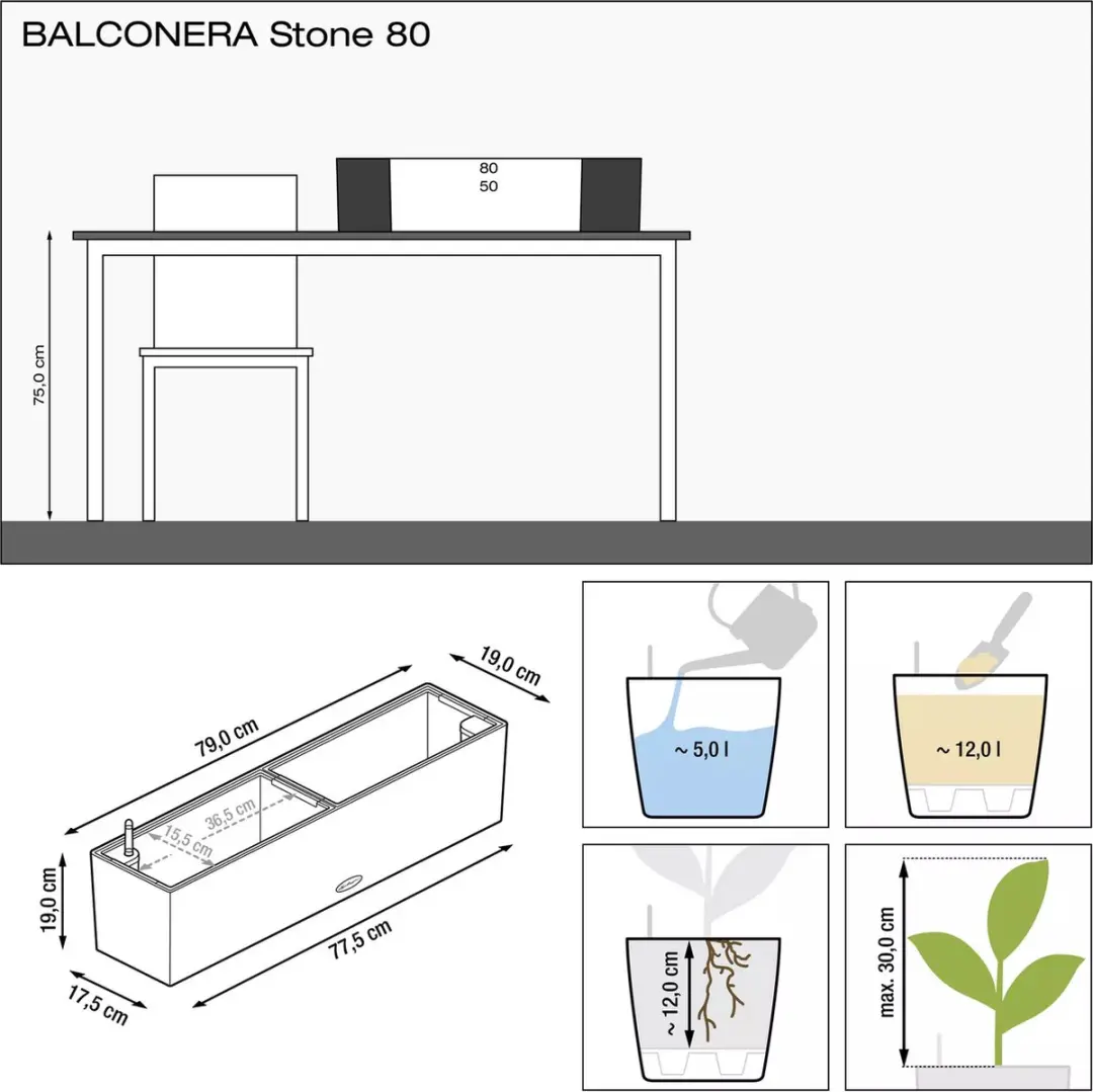 Lechuza Balconera Stone 80 Plantenbak - Grafietzwart - afbeelding 3 van 6