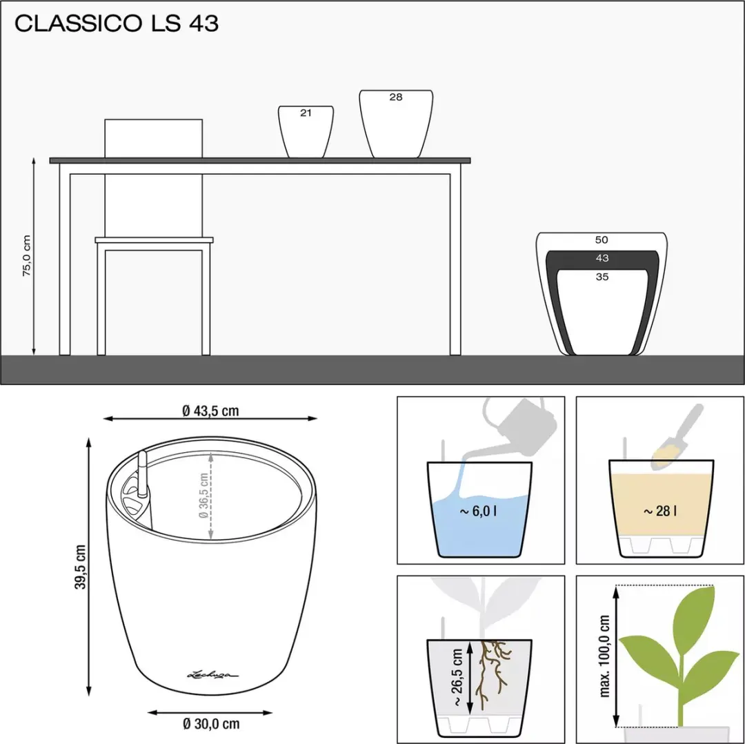 Lechuza Classico Premium LS 43 Plantenbak - 28L - Wit Hoogglans - afbeelding 2 van 6