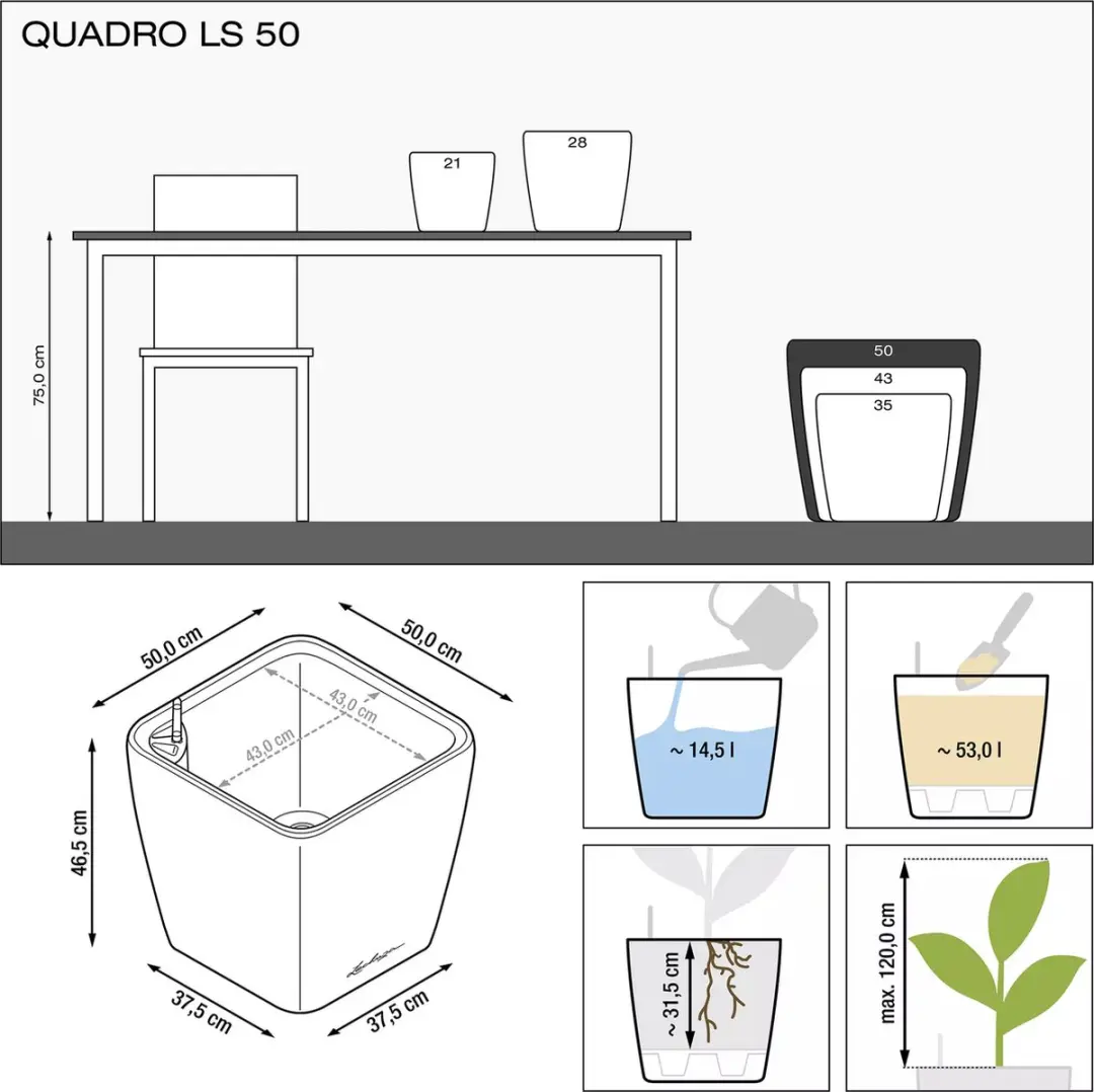 Lechuza Quadro Premium LS 50 Plantenbak - Wit Hoogglans - afbeelding 2 van 6