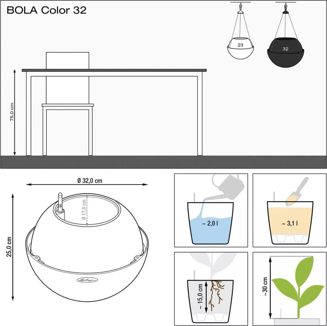 Lechuza BOLA Color 32 Plantenbak - Wit - All-in-One Set - afbeelding 2 van 6