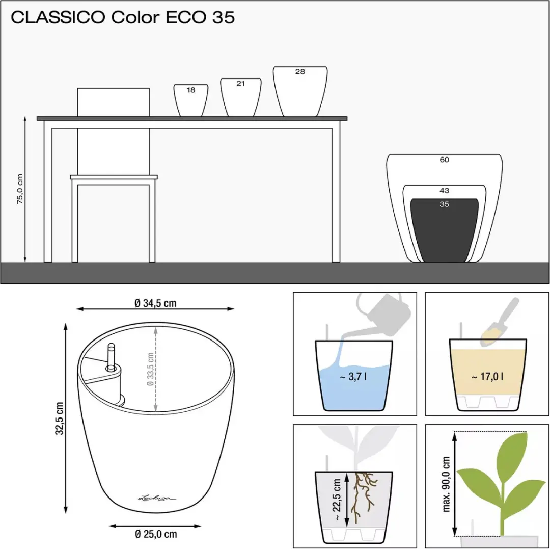 Lechuza CLASSICO Color ECO 35 Plantenbak - 17L - Grijs - afbeelding 2 van 6