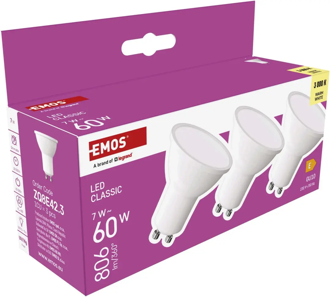 Emos Classic LED-lamp GU10 7W 806lm - Warm wit - 3 stuks - afbeelding 4 van 6