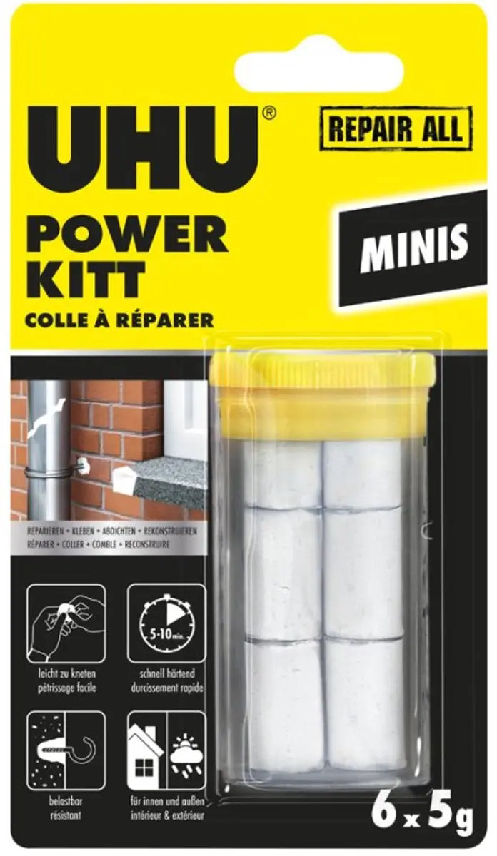 UHU REPAIR ALL Mini knetmassa, 6 x 5 g, wit/grijs/bruin
