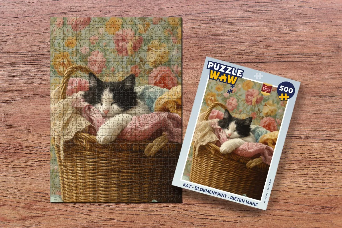 PuzzleWow Kat Bloemenprint Legpuzzel 500 Stuks - Rieten Mand