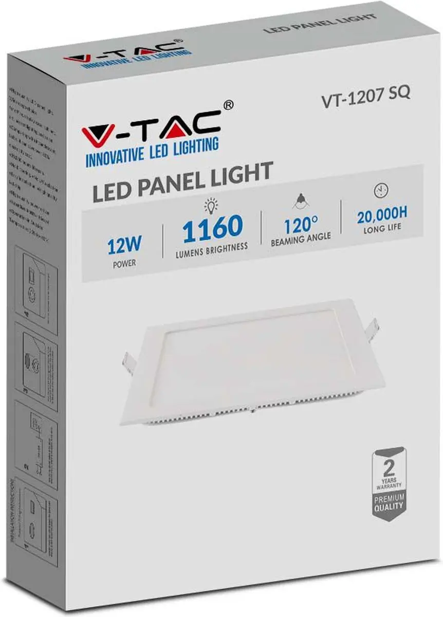 V-TAC VT-1207SQ-N LED-inbouwpaneel vierkant - 12W - 1160 Lumen - 2700K - Wit - afbeelding 6 van 6
