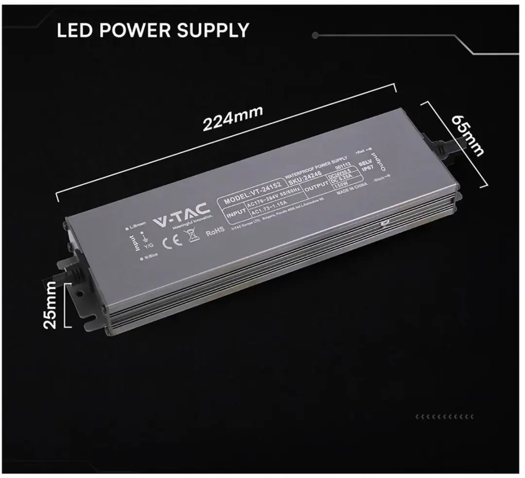 V-TAC VT-24152 LED-transformator 150W 24V - Zwart - afbeelding 2 van 3