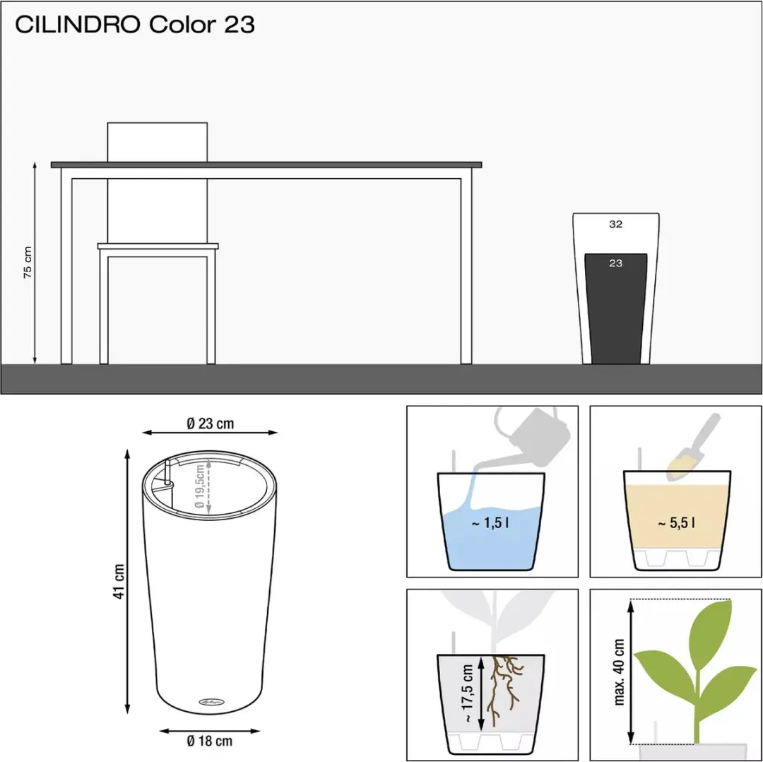 Lechuza Cilindro Color 23 Plantenbak - 5.5L - Wit - afbeelding 3 van 6