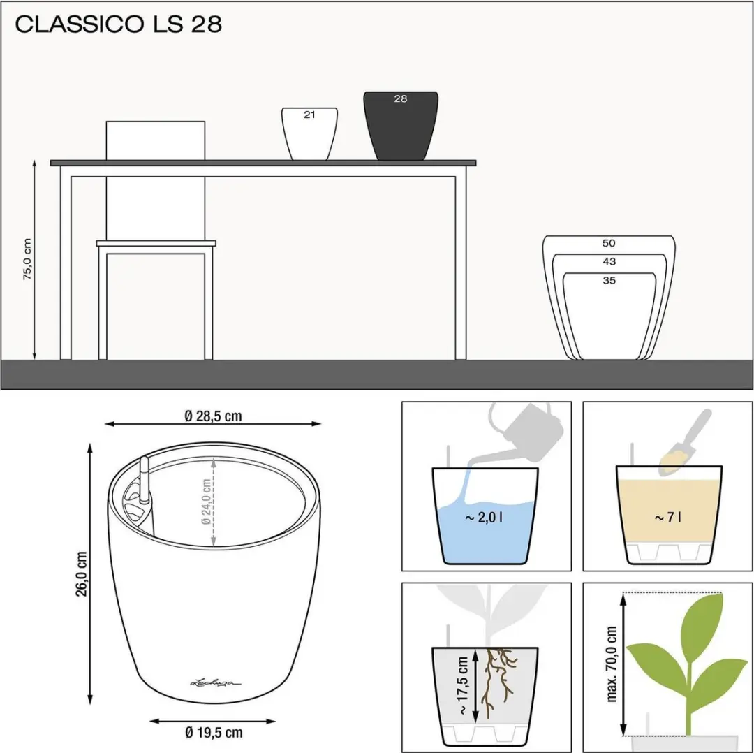 Lechuza Classico Premium LS 28 Plantenbak - 7 l - Taupe Hoogglans - afbeelding 3 van 6