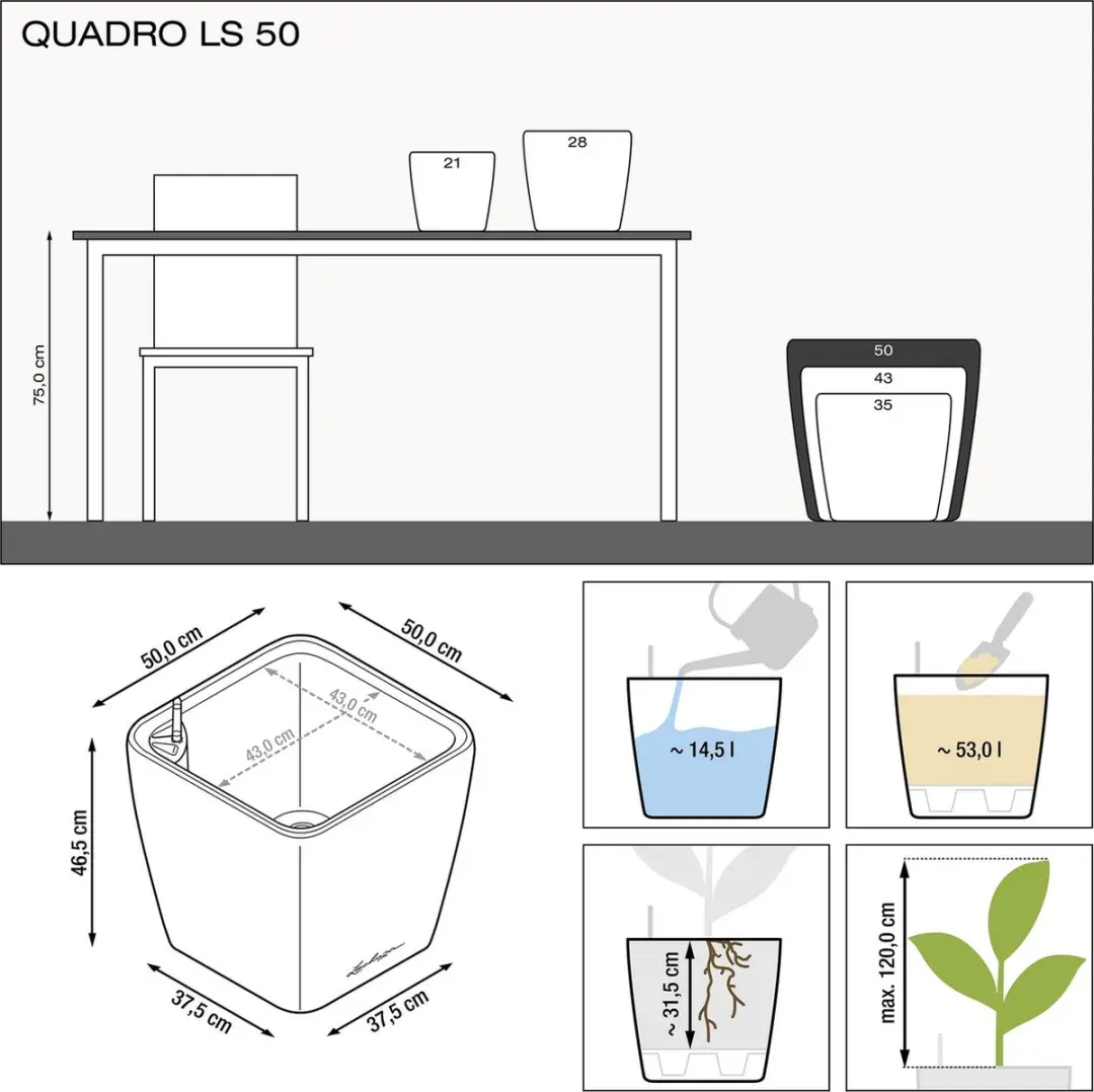 Lechuza Quadro LS 50 Plantenbak - 53L - Zwart Hoogglans - afbeelding 4 van 6