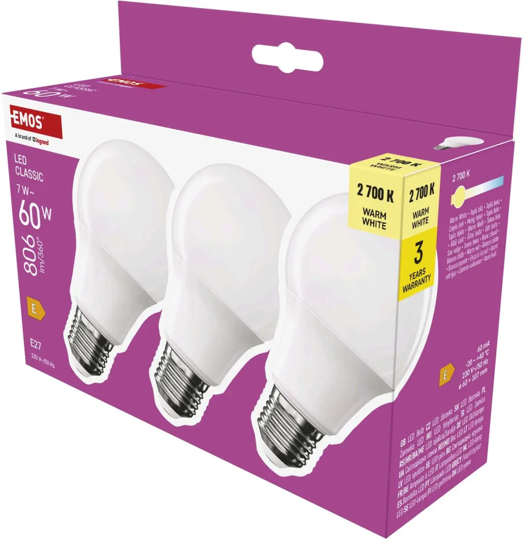 EMOS LED-lamp Classic A60 / E27 / 7 W (60 W) / 806 lm / warmwit / 3 stuks, ZQ5E4