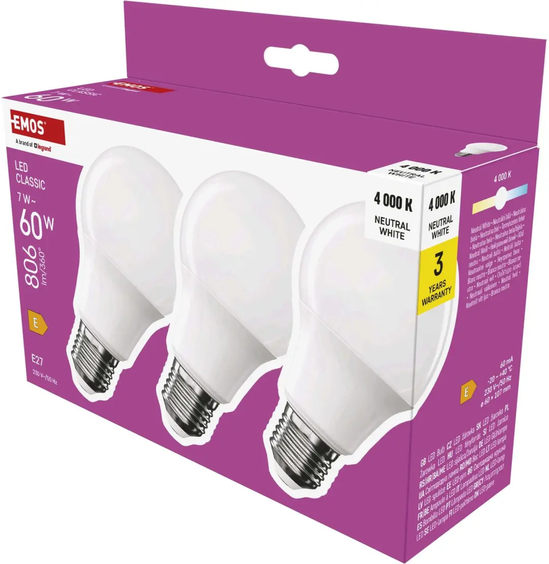 EMOS LED-lamp Classic A60 / E27 / 7 W (60 W) / 806 lm / neutraal wit / 3 stuks,